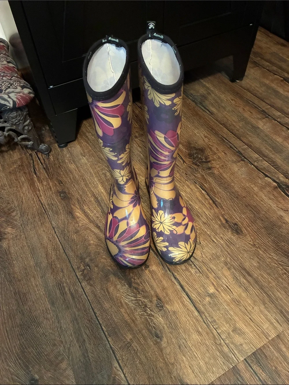 Kamik Purple Floral Waterproof Rain Boots with Yellow Accents